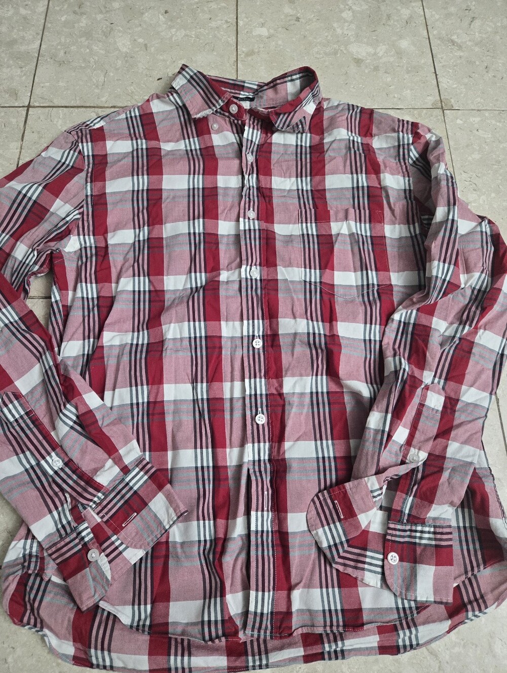 Men's J Crew Slim Untucked Flex Washed Red Plaid Button Down  - Large